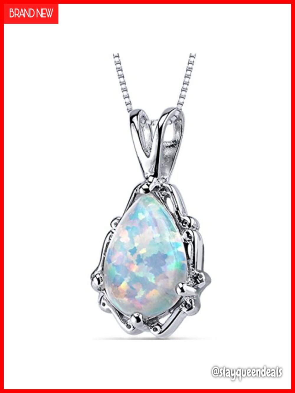 Lab Grown White Opal Teardrop Pendant Necklace in 925 Sterling Silver with 18